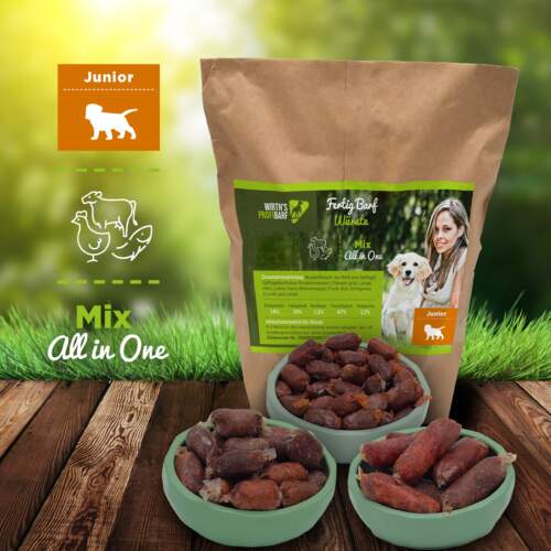 Withs Profi BARF Hundefutter in Naturdarmwürsten, verpackt in recyclebaren Papiertüten. Geruchlos, kein auslaufendes Blut. Hochwertige Ernährung und umweltfreundliche Verpackung